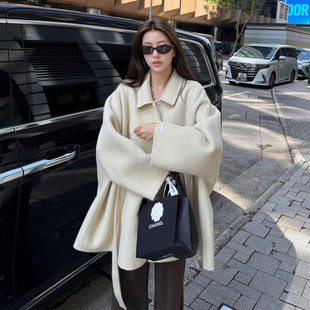 韩系松弛感千金风羊绒呢子外套女2026秋冬新款蝙蝠袖羊绒毛呢大衣