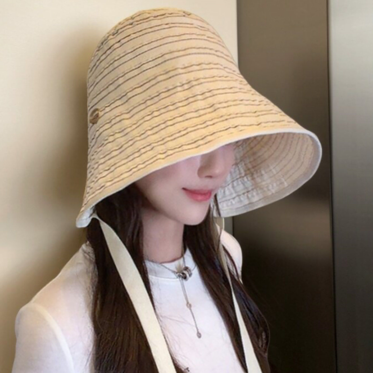 2026新款条纹蛋卷渔夫帽子女春夏百搭全脸遮阳防晒帽大头围灯罩帽