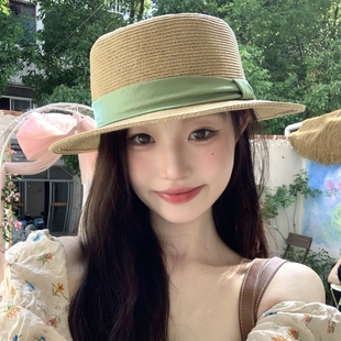 赫本風法式 大帽檐遮陽防曬帽海邊度假沙灘太陽帽子 平頂草帽女夏季