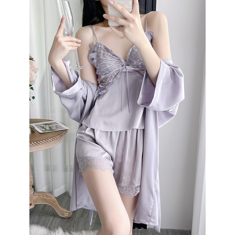 罗丽丝性感睡衣女夏季2025新款冰丝吊带短裤套装蕾丝纯欲风带胸垫