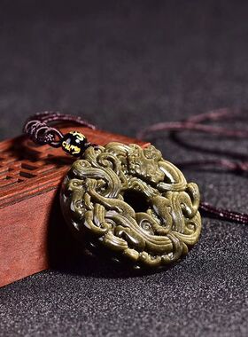 官方金曜石貔貅吊坠男女款黑曜石双貔貅平安扣项链图腾草龙吊坠双
