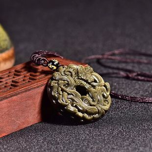 官方金曜石貔貅吊坠男女款黑曜石双貔貅平安扣项链图腾草龙吊坠双