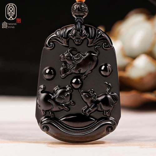 黑曜石三会猪鼠牛亥子丑水局吊坠木局虎兔龙十二生肖吉祥物项链男