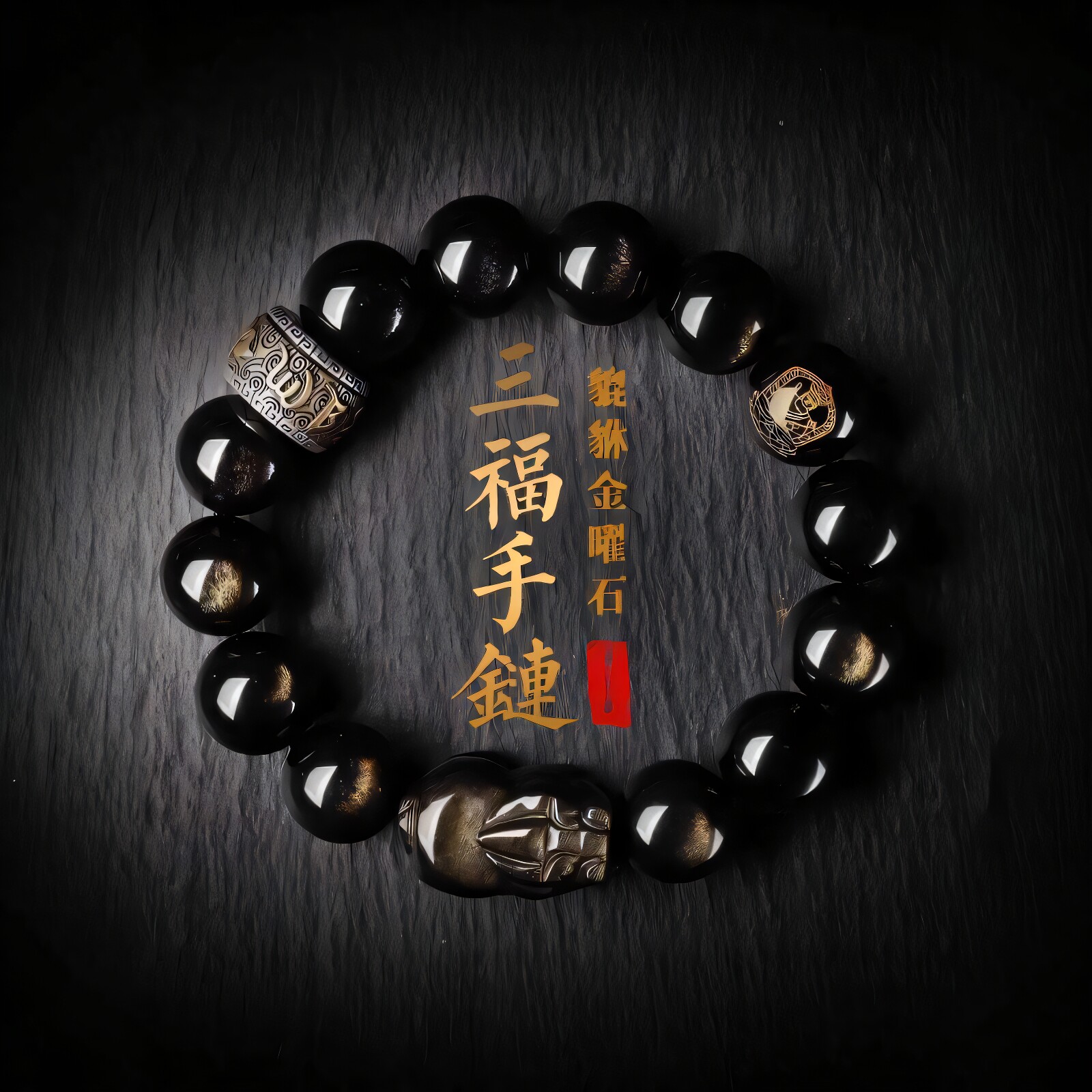 天然黑曜石手串转运珠金