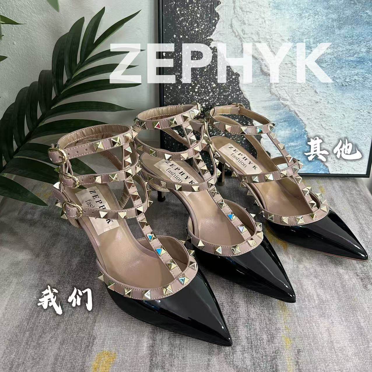thumbnail for Classic leather sexy wedding shoes studded three-ring two-ring strap high heels pointed patent leather sandals