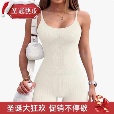 Bodycon bodysuit shorts in solid color 纯色吊带紧身连体短裤