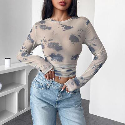 Mesh printed pleated side short top for women