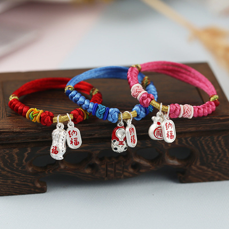 手工编织小孩红绳手链纯银s990足银花生周岁满月祈福儿童编绳手绳