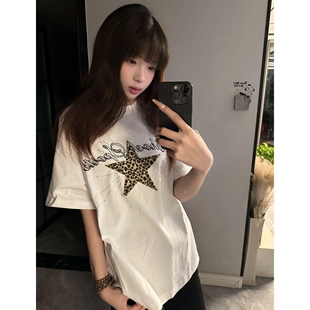 高级感美式复古贴布字母刺绣宽松短袖T恤女夏季新款别致上衣重工