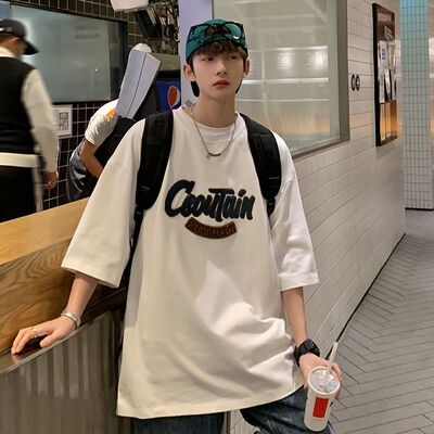 260g紧密赛络纺字母毛巾绣t恤男青少年五分袖美式复古t恤男生