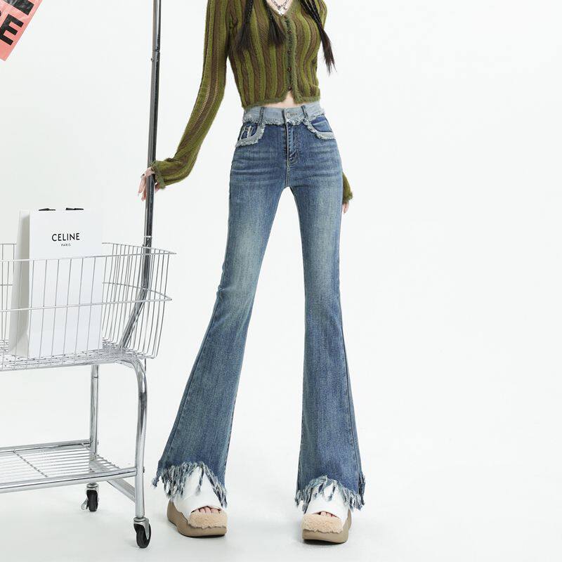 高街复古微喇叭牛仔裤女流苏毛边长裤显瘦弹力拖地垂感紧身马蹄裤