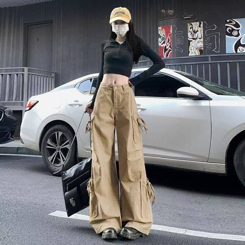 阔腿牛仔裤女小个子夏季韩版ins高腰显瘦宽松卡其色休闲直筒长裤
