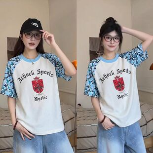 新款 T恤女夏季 230上衣三本针 复古贴布字母刺绣宽松短袖 高级感美式