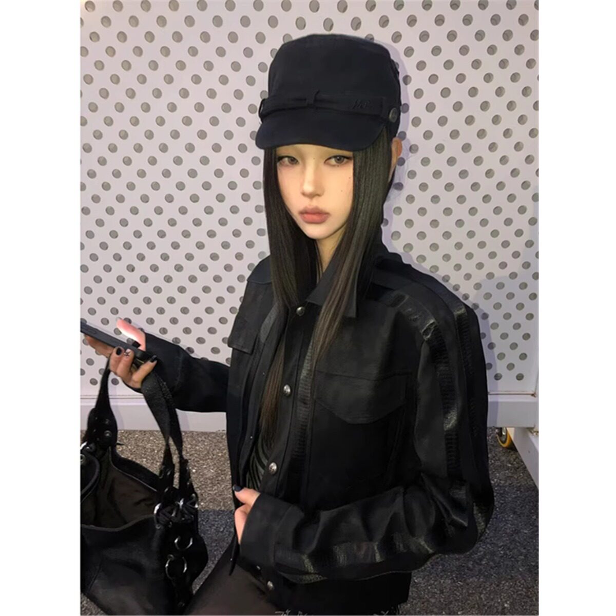 美式复古黑色正肩皮衣外套男女春款宽松街头情侣短款机车服夹克图片
