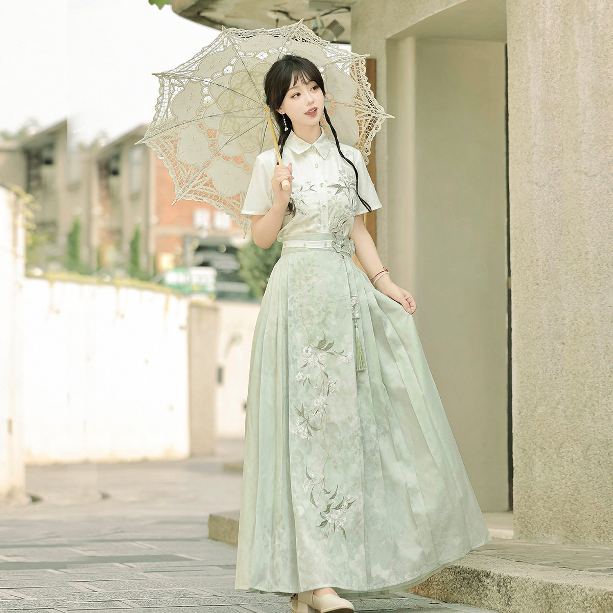 原创设计寻夏汉服女中国风改良汉元素短袖半裙套装汉服花卉刺绣