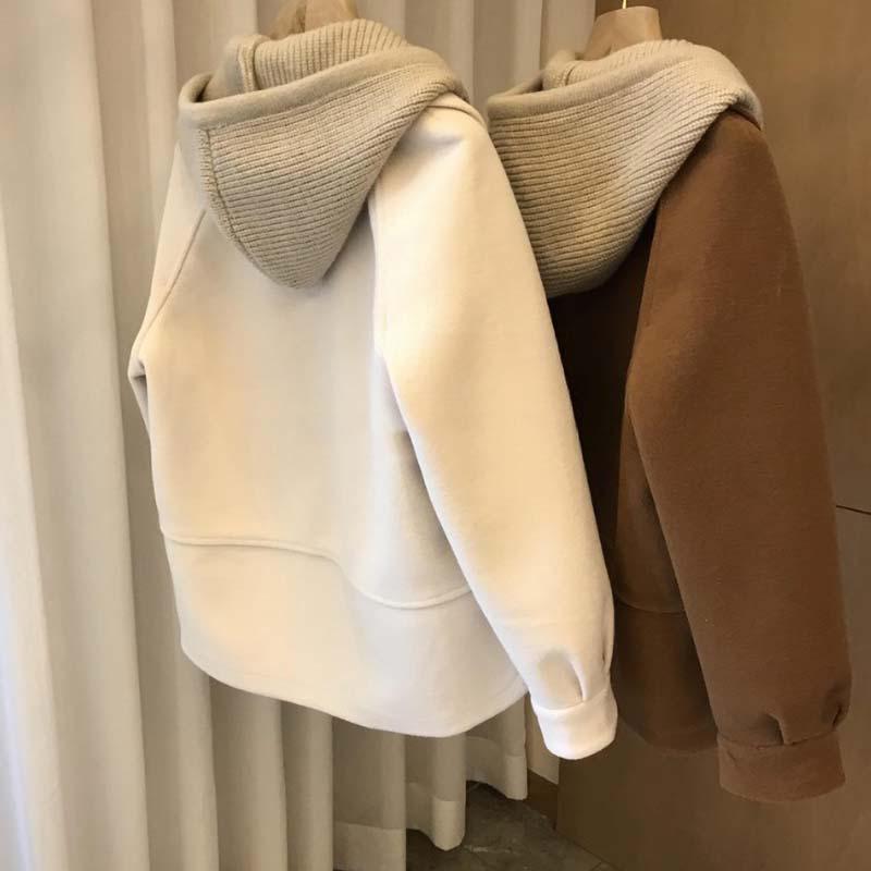 拼接针织连帽毛呢大衣女古着宽松外套秋冬款呢子上衣英伦风印花