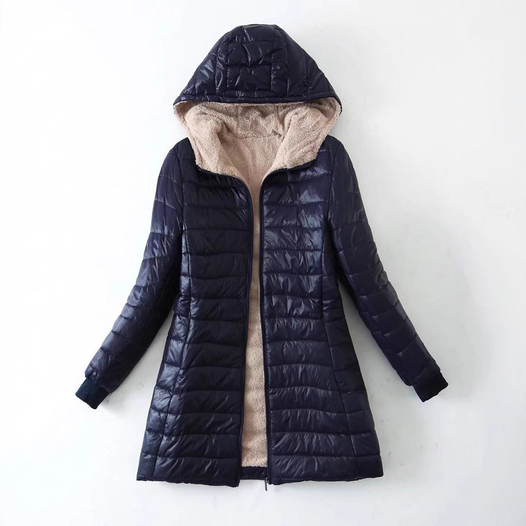 2025秋冬新款韩版加厚加绒连帽中长款修身保暖羊羔绒棉衣女式外套