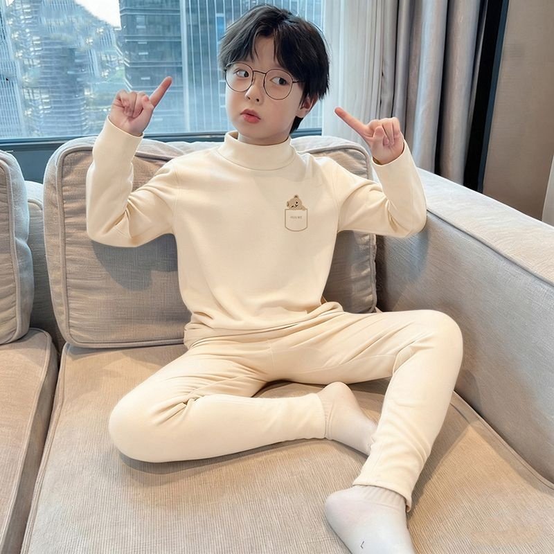 儿童德绒打底套装秋冬2025新款男童半高领保暖两件套加绒内衣套装