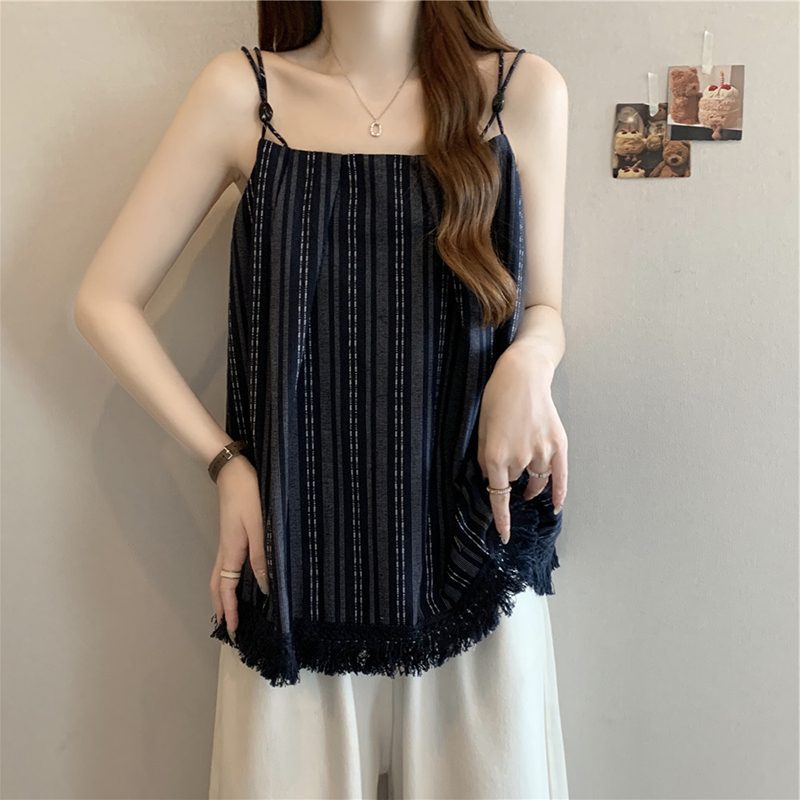 胖mm300斤韩版条纹流苏拼接设计感减龄宽松吊带背心女特大码夏季