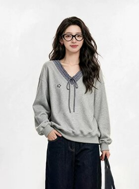 胖MM时髦秋冬V领假两件大码卫衣
