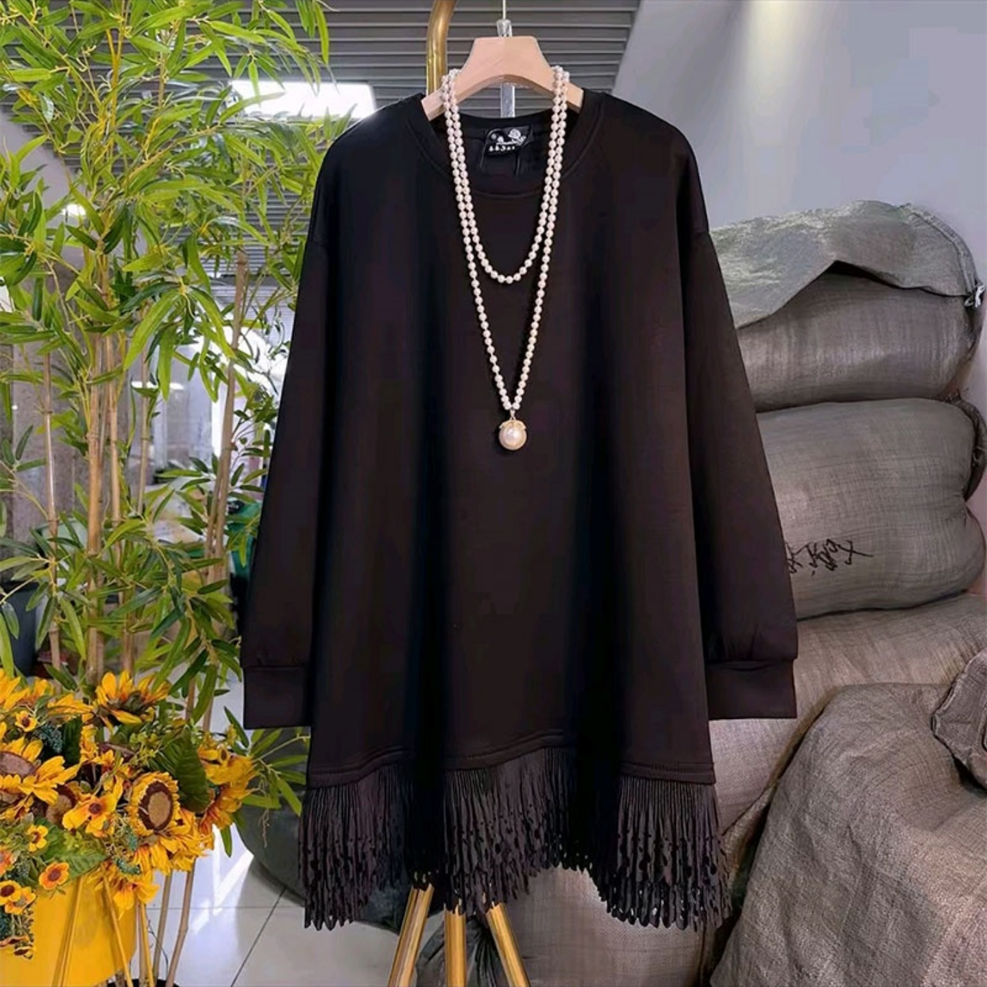 胖MM中长款流苏拼接休闲显瘦上衣300斤大码长袖宽松遮肉简约T恤女