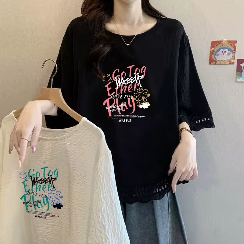 美式字母半袖T恤女胖mm300斤特大码薄款花边短袖设计感小众上衣潮