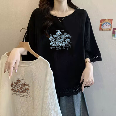 胖mm宽松遮肚子镂空短袖T恤上衣