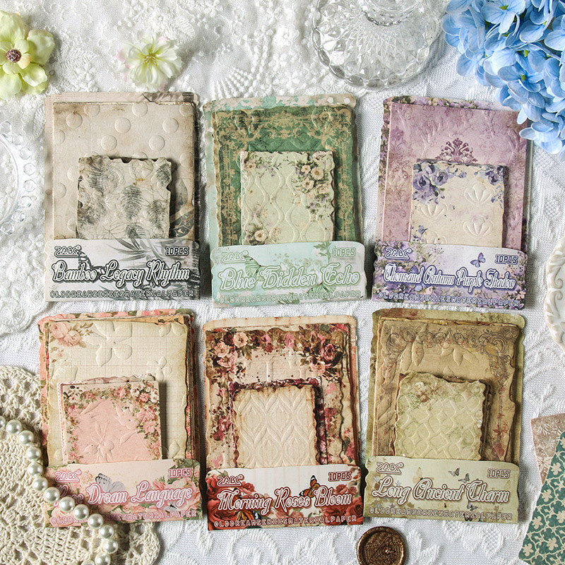 昔时旧梦系列浮雕素材纸10张入复古怀旧花卉花边手帐装饰打底背景