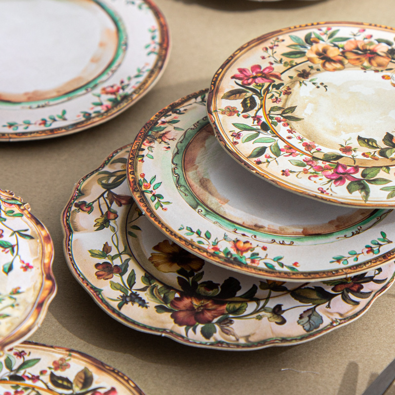 古董餐盘集系列硬卡贴纸包10张 仿真餐盘主题手帐装饰素材贴画