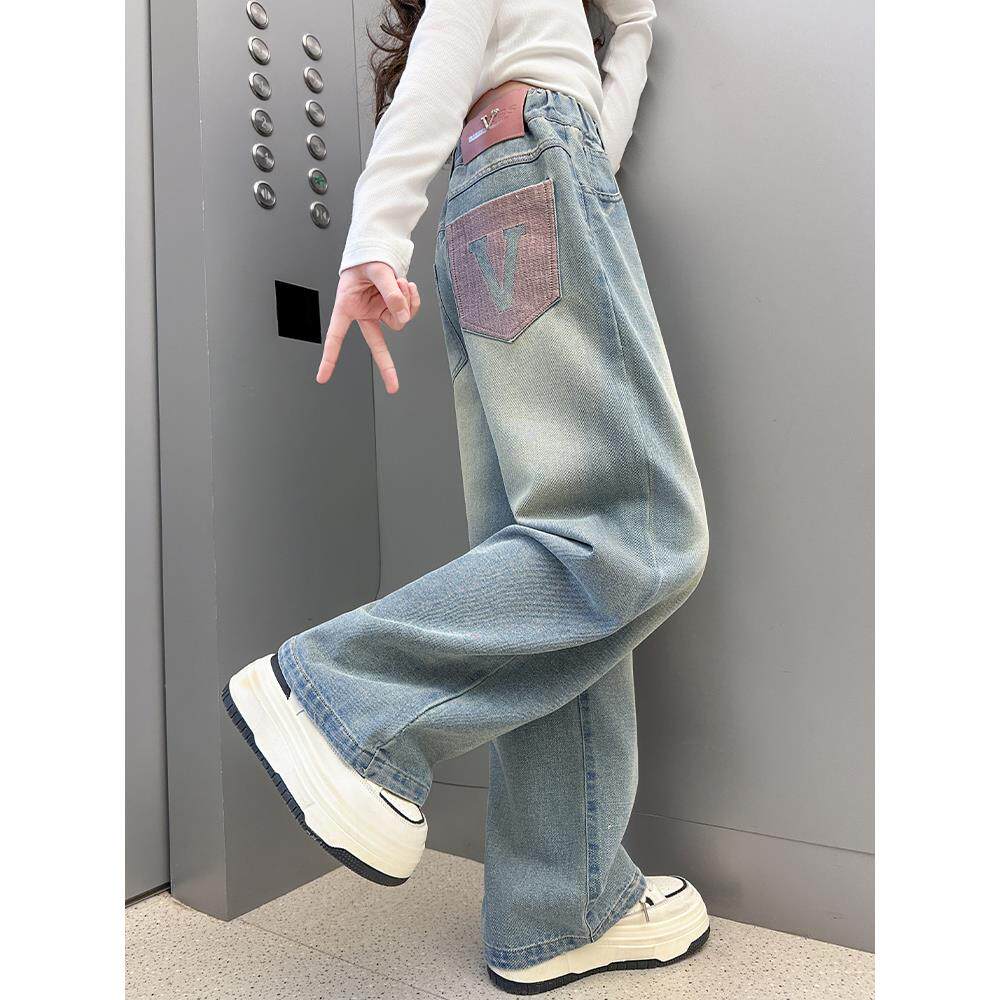 女童春秋牛仔裤2025新款中大儿童韩版洋气冬装加绒宽松直筒阔腿裤