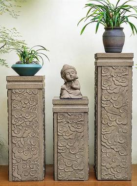 新中式石柱墩底座落地装饰摆件祥云展示柱石柱立柱茶室氛围布置