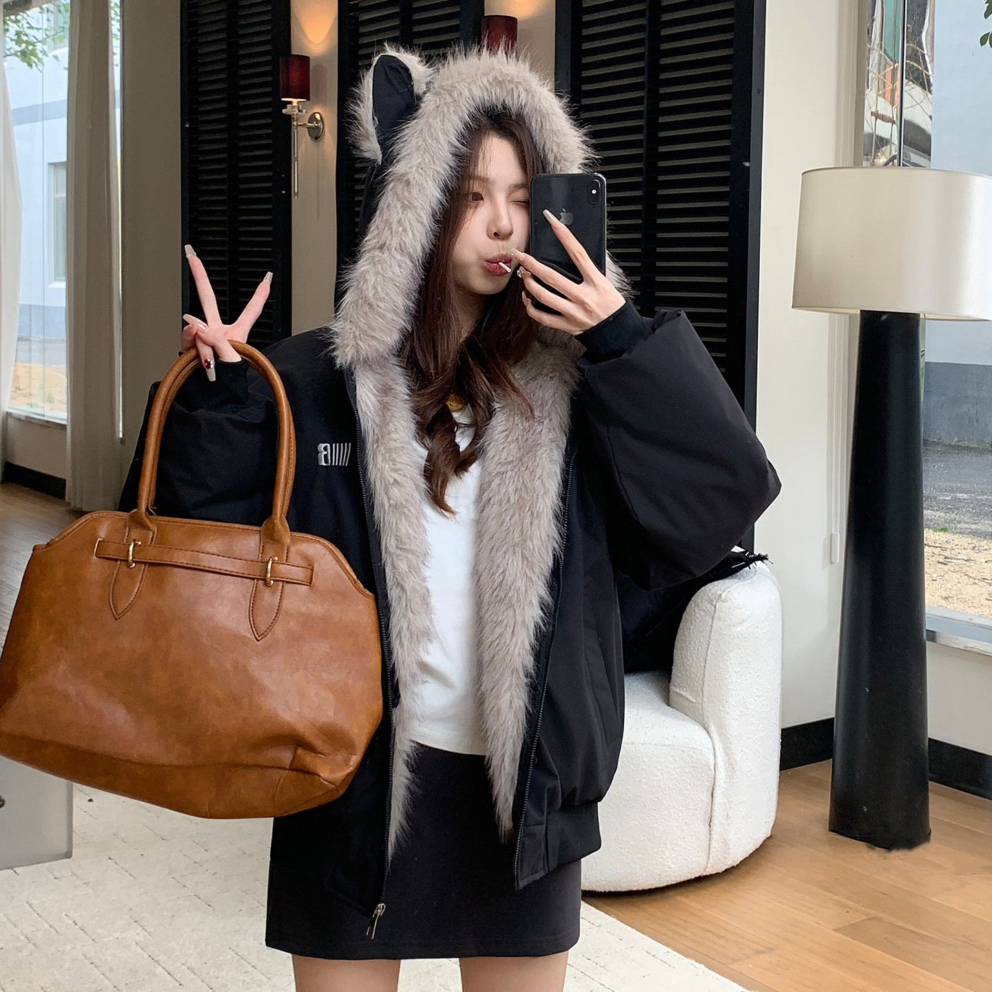 棉服女款2025新款韩版猫耳朵连帽毛茸茸外套冬季加绒加厚短款棉衣