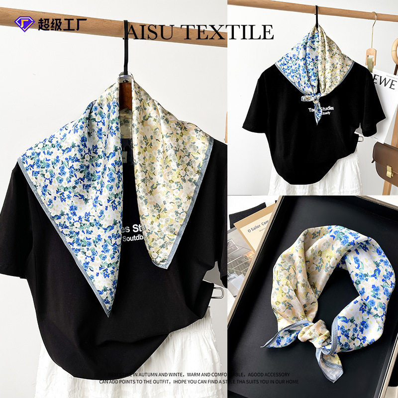 日本品质素绉缎真丝小方巾女53cm丝巾高级感文艺碎花印花桑蚕丝小