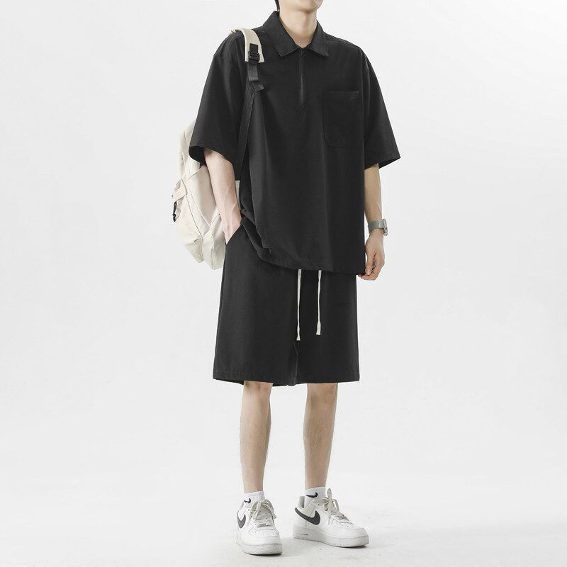 日本品质男生夏季冰丝polo衫套装速干半拉链短袖t恤宽松痞帅运动