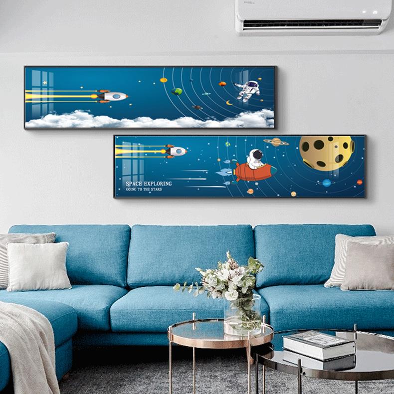 北欧晶瓷画卧室床头装饰画遨游太空宇航员儿童房挂画现代简约横幅