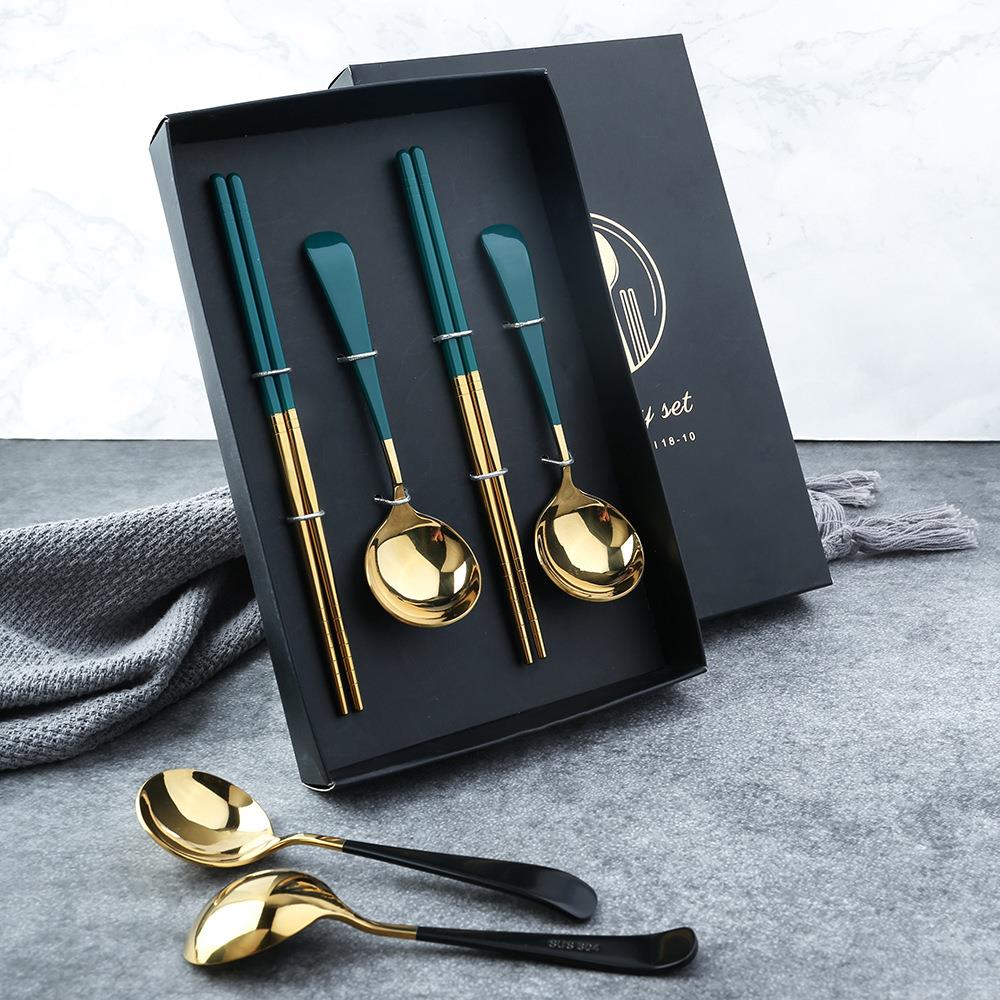V304不锈钢勺子圆头小勺子 中式勺 勺筷四件套餐具套装中秋礼盒