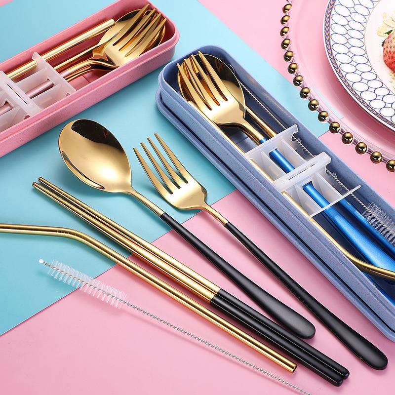 304不锈钢餐具套装便携餐具喷漆筷子勺子叉子吸管套装便捷套装