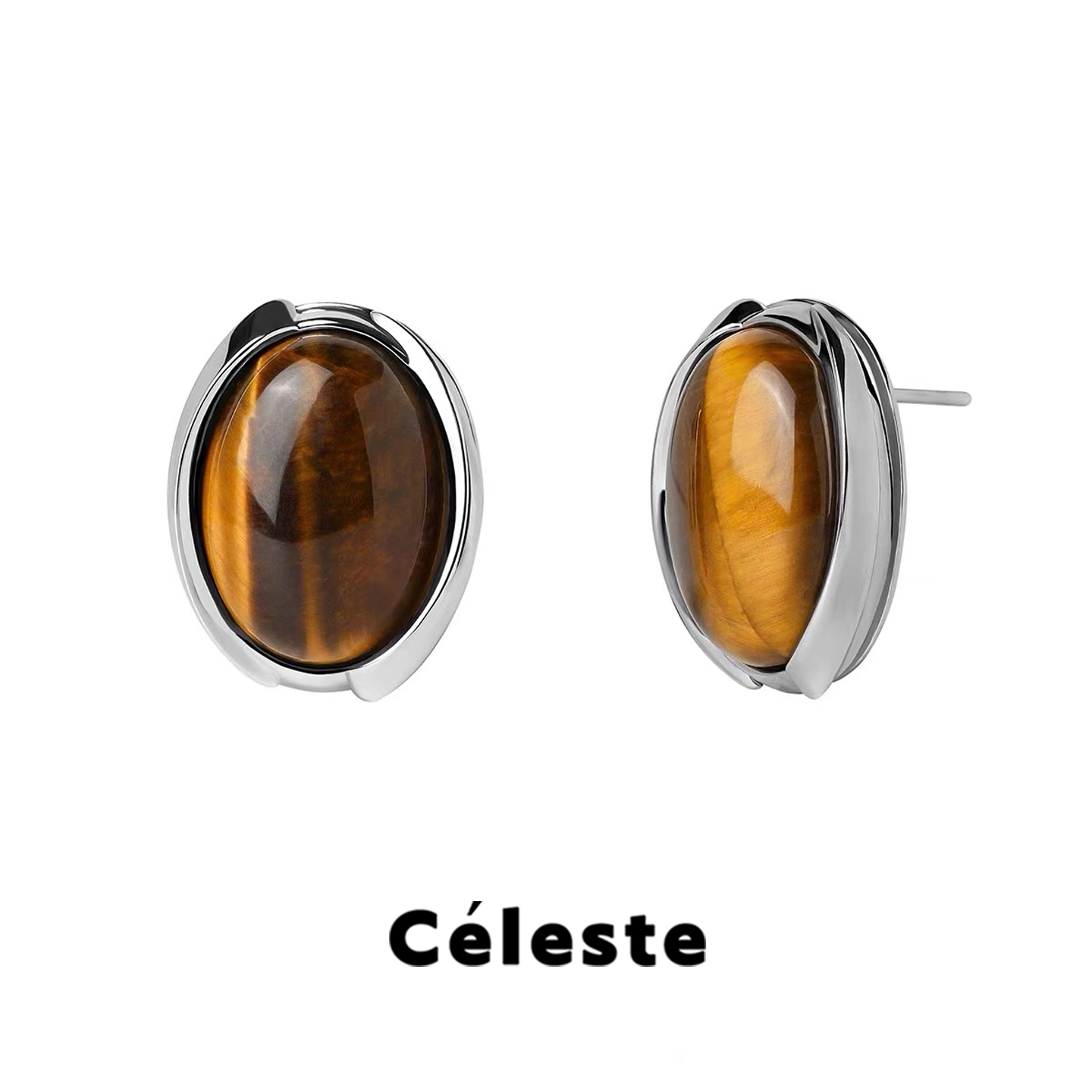 Céleste椭圆虎眼石耳钉女