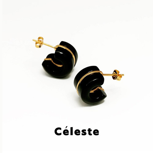 Céleste黑玛瑙C型金线耳钉女