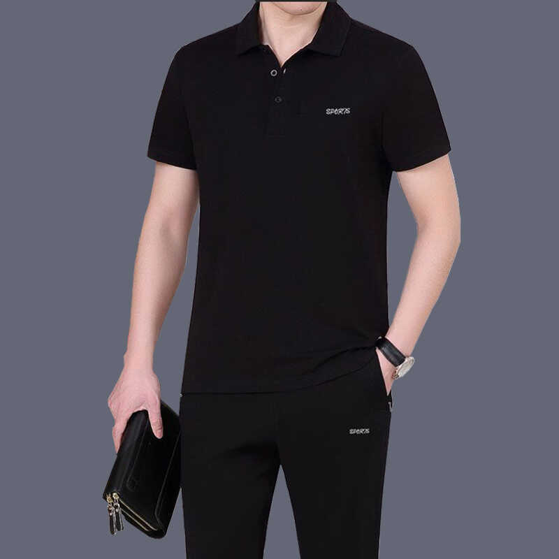 男士休闲运动套装夏季新款中年高档商务服纯棉翻领短袖长裤两件套