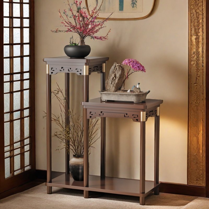 高低组合实木花架子室内家用置物架一体中式盆栽阳台落地式花盆架