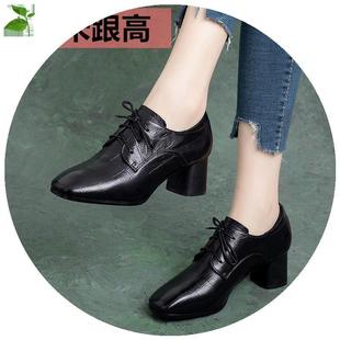 单鞋 女士皮鞋 学生韩版 潮 系带2020新款 英伦风粗跟小方头女鞋