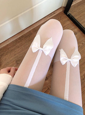 春夏薄网红黑色假吊带拼接高筒袜jk白色丝袜 蝴蝶结假大腿女连袜