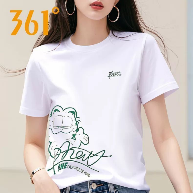 361度加菲猫联名丨运动t恤女2025夏季新款冰感科技宽松圆领短T恤