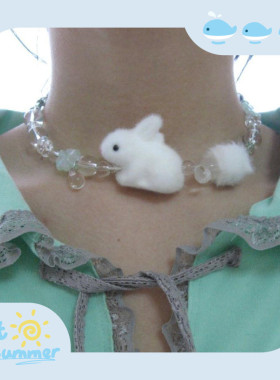 草露小兔串珠项链四叶草植绒兔毛球可爱Y2k项链颈链