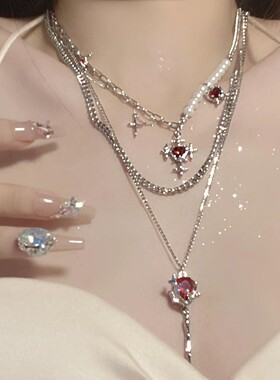 失眠艺术家暗黑十字架红宝石吊坠珍珠链条流苏y2k辣妹项链choker