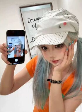 小众白色可爱波点褶皱帽子少女感纽扣堆堆帽
