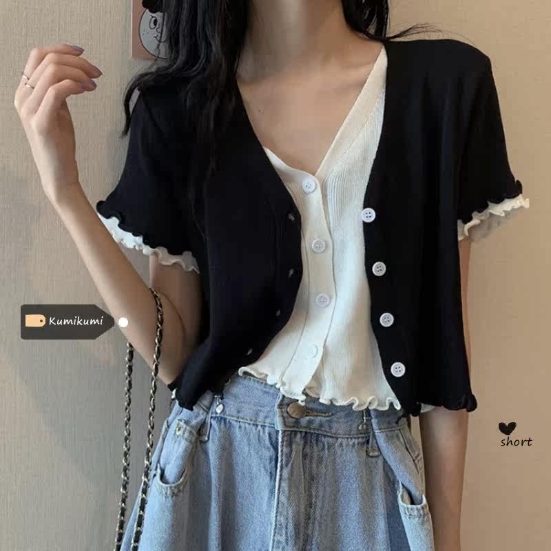 假两件V领修身短款bm针织衫上衣女韩版夏季显瘦薄款短袖开衫外套|msdalam kategori Butik wanita / wanita, sweater bulu - dari Buy2taobao.com untuk memberikan perkhidmatan ejen Taobao profesional membeli