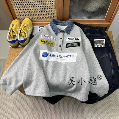 吴小越w1755男童翻领加绒卫衣秋冬新款韩版宽松儿童上衣男孩冬装