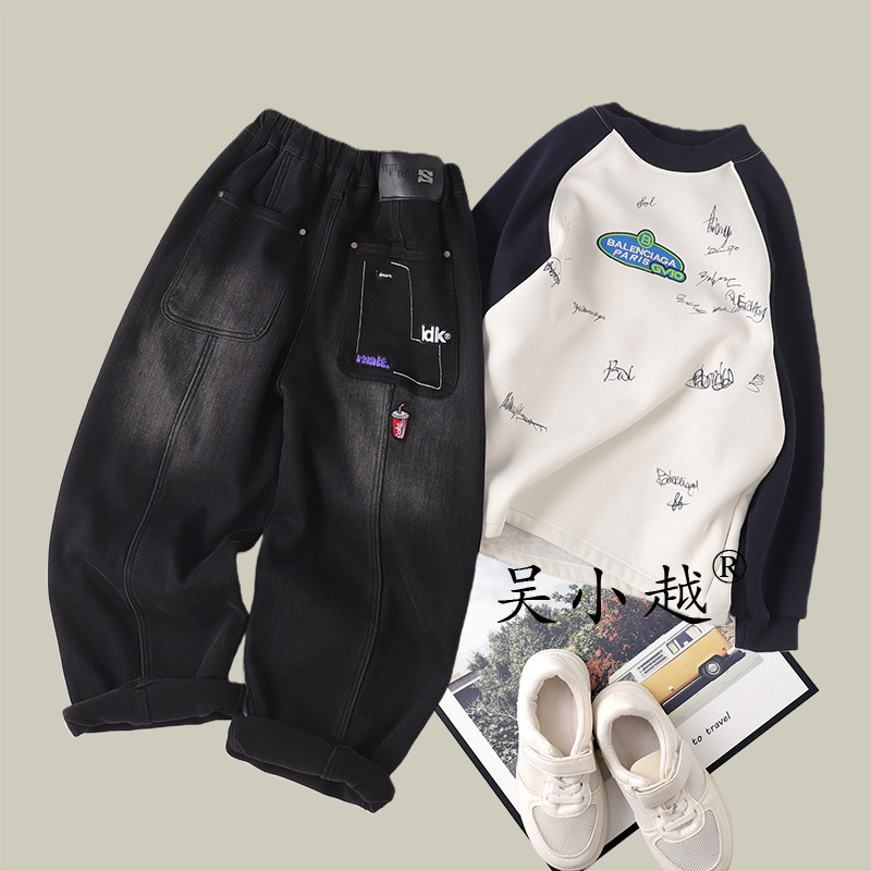 吴小越w1787男童加绒牛仔裤冬款刺绣痞帅男孩冬新款韩版长裤